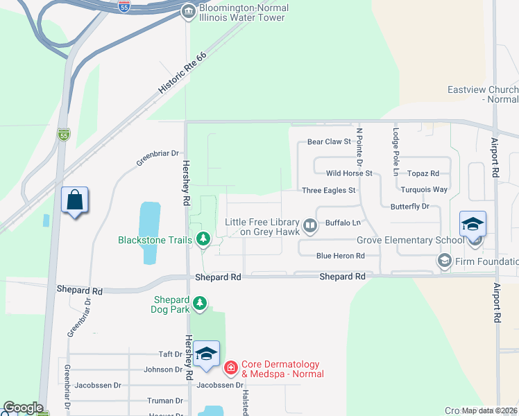 map of restaurants, bars, coffee shops, grocery stores, and more near 2616 Shale Road in Normal