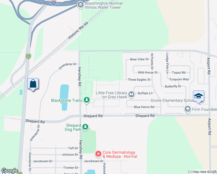 map of restaurants, bars, coffee shops, grocery stores, and more near 2616 Shale Road in Normal