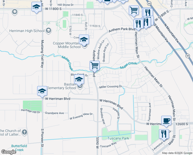 map of restaurants, bars, coffee shops, grocery stores, and more near 12339 Anthem Park Boulevard in Herriman