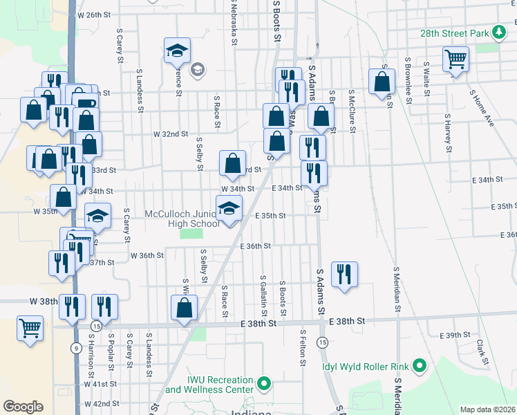 map of restaurants, bars, coffee shops, grocery stores, and more near 3411 S Washington St in Marion
