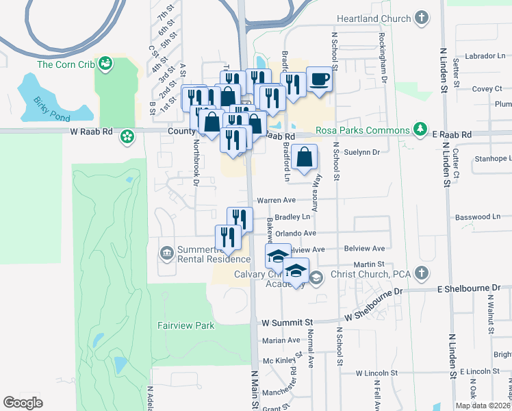 map of restaurants, bars, coffee shops, grocery stores, and more near 505 Warren Avenue in Normal