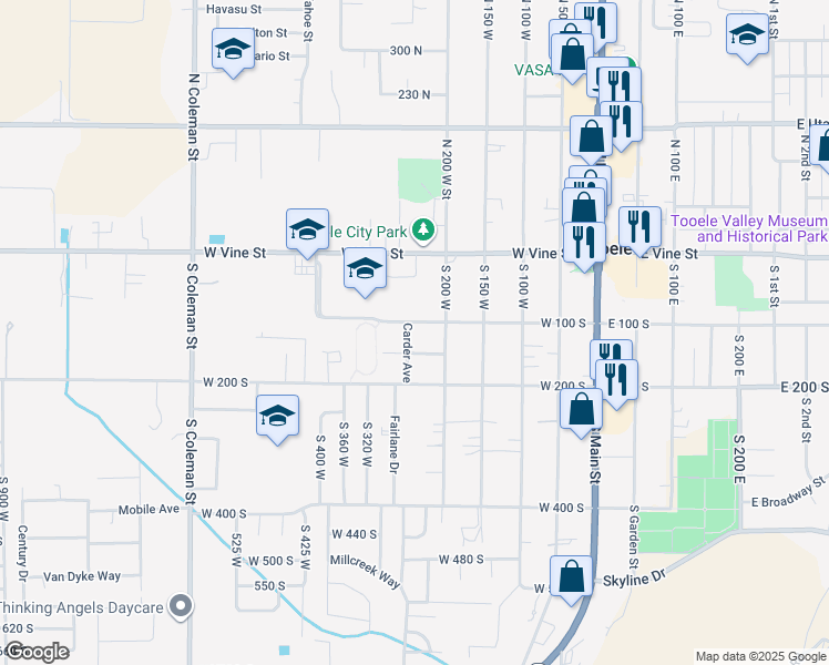 map of restaurants, bars, coffee shops, grocery stores, and more near 225 West 1st South in Tooele