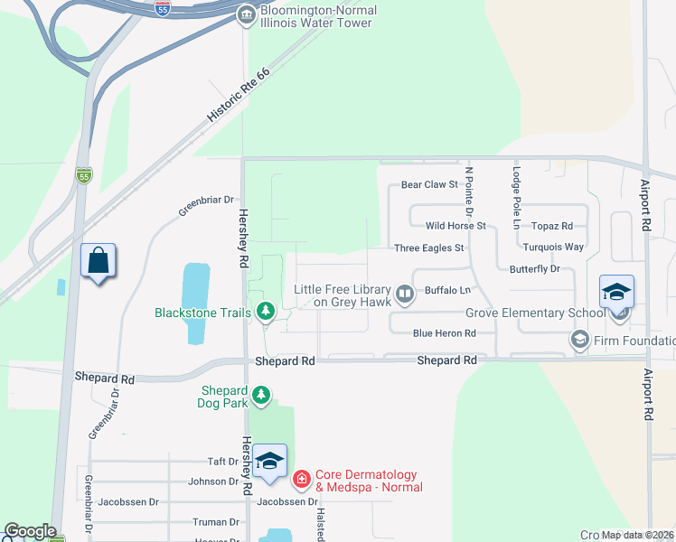 map of restaurants, bars, coffee shops, grocery stores, and more near 2616 Shale Road in Normal