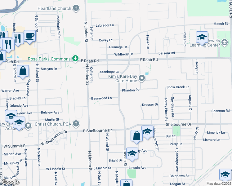 map of restaurants, bars, coffee shops, grocery stores, and more near 601 Phaeton Place in Normal