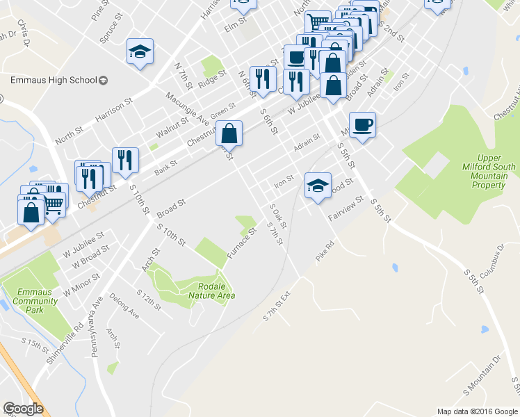 map of restaurants, bars, coffee shops, grocery stores, and more near 698 Furnace Street in Emmaus