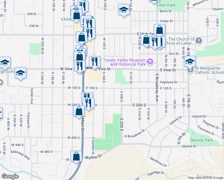 map of restaurants, bars, coffee shops, grocery stores, and more near 104 Russell Avenue in Tooele