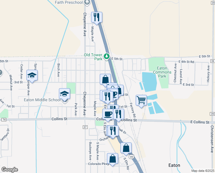 map of restaurants, bars, coffee shops, grocery stores, and more near 223 Elm Avenue in Eaton