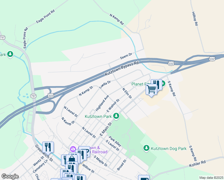 map of restaurants, bars, coffee shops, grocery stores, and more near 509 Highland Avenue in Kutztown
