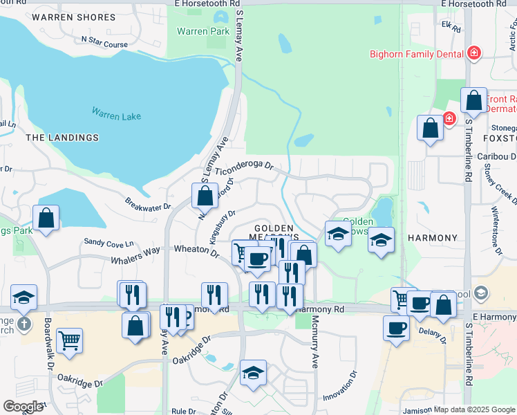 map of restaurants, bars, coffee shops, grocery stores, and more near 4219 Cape Cod Circle in Fort Collins