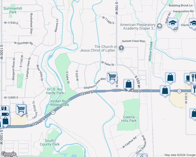 map of restaurants, bars, coffee shops, grocery stores, and more near 12193 825 West in Draper