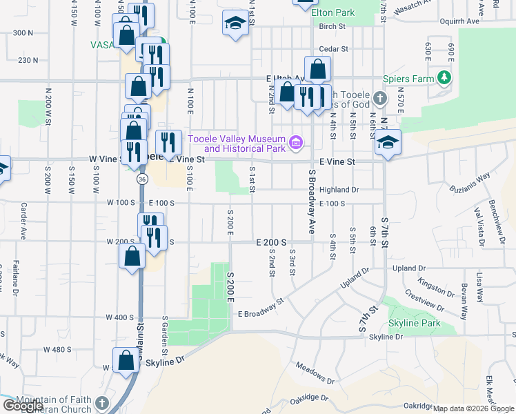 map of restaurants, bars, coffee shops, grocery stores, and more near 204 East 100 South in Tooele