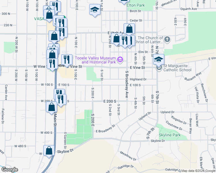 map of restaurants, bars, coffee shops, grocery stores, and more near 248 East 100 South in Tooele