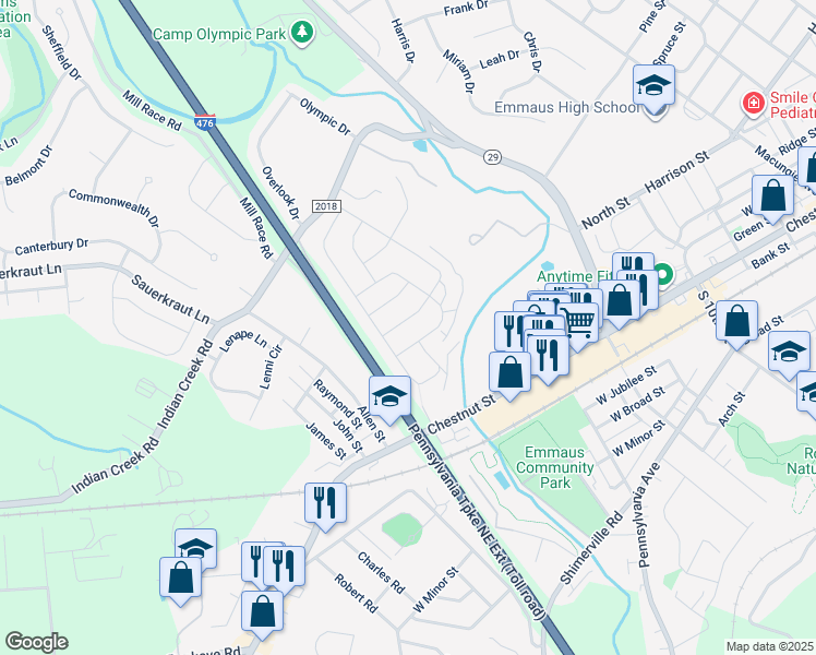 map of restaurants, bars, coffee shops, grocery stores, and more near 4138 Bluesky Place in Emmaus
