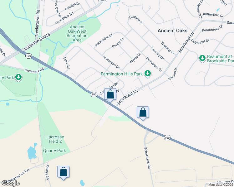 map of restaurants, bars, coffee shops, grocery stores, and more near 2225 Aster Road in Macungie