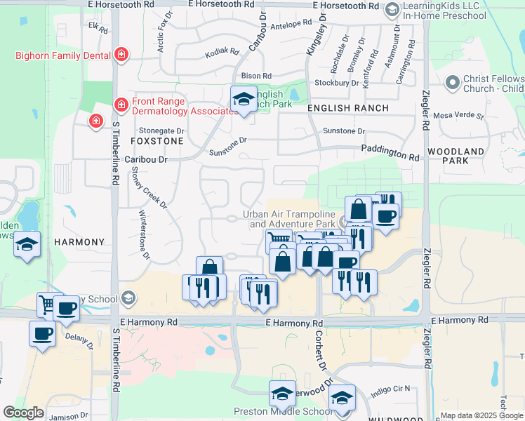 map of restaurants, bars, coffee shops, grocery stores, and more near 728 Mangold Lane in Fort Collins