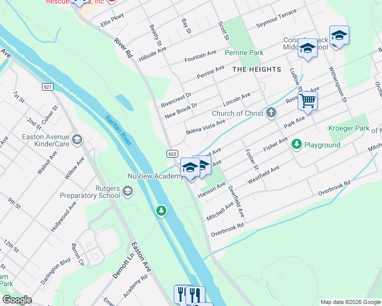 map of restaurants, bars, coffee shops, grocery stores, and more near 5 Meade Court in Piscataway