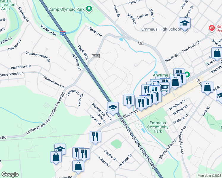 map of restaurants, bars, coffee shops, grocery stores, and more near 4171 Bluesky Place in Emmaus