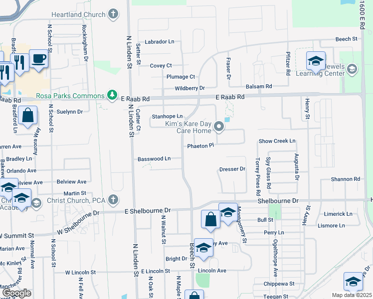 map of restaurants, bars, coffee shops, grocery stores, and more near 601 Phaeton Place in Normal