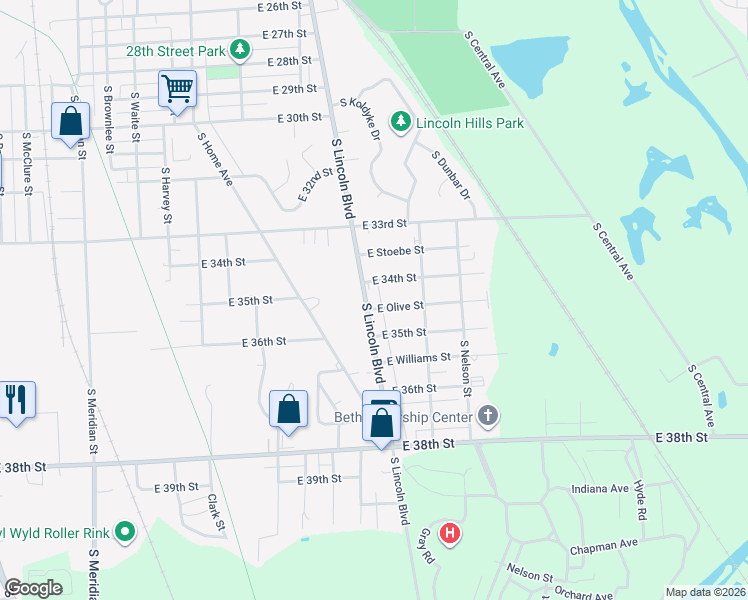 map of restaurants, bars, coffee shops, grocery stores, and more near 1525 East Olive Street in Marion