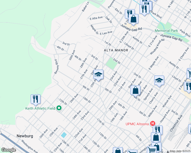 map of restaurants, bars, coffee shops, grocery stores, and more near 416-18 25th Ave in Altoona