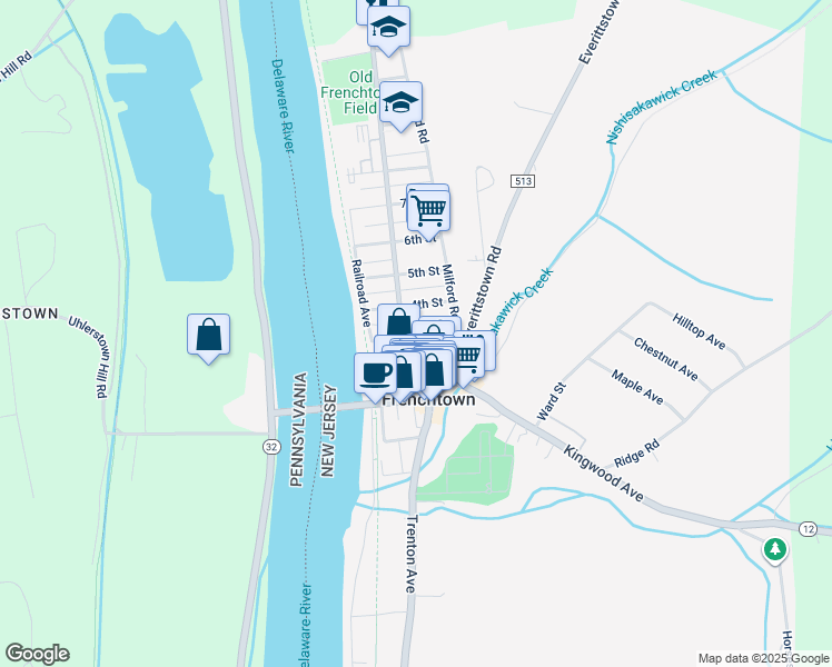 map of restaurants, bars, coffee shops, grocery stores, and more near 15 3rd Street in Frenchtown