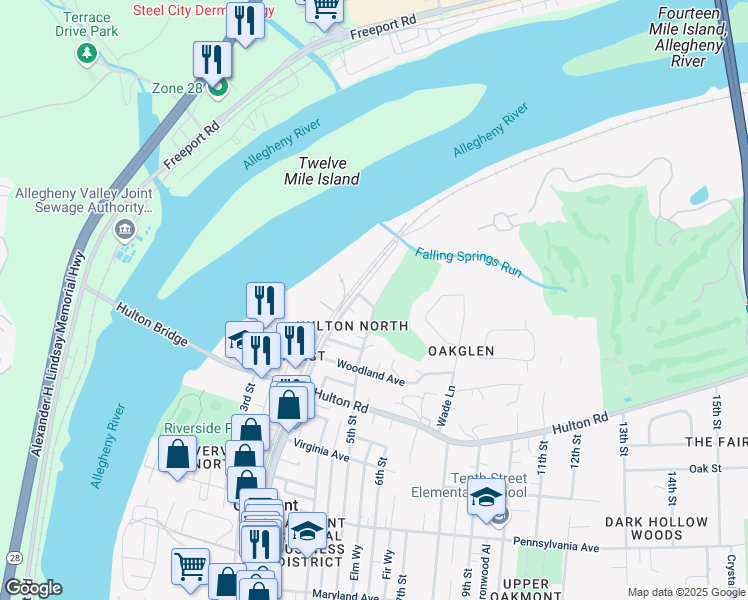 map of restaurants, bars, coffee shops, grocery stores, and more near 417 Lee Street in Oakmont