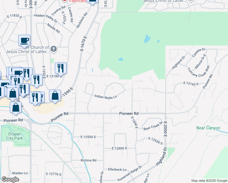map of restaurants, bars, coffee shops, grocery stores, and more near 12208 1740 East in Draper