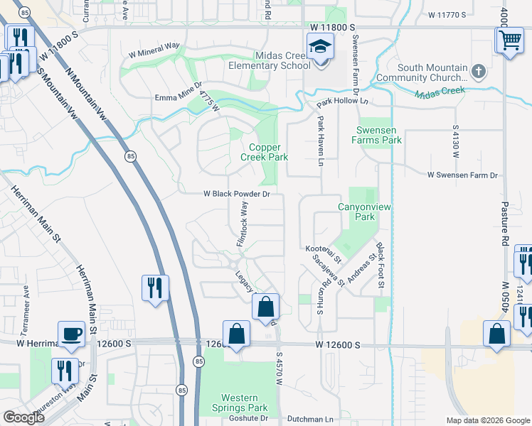 map of restaurants, bars, coffee shops, grocery stores, and more near 4597 West Marlin Court in Herriman