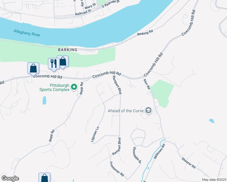 map of restaurants, bars, coffee shops, grocery stores, and more near 111 Lebeouf Drive in New Kensington