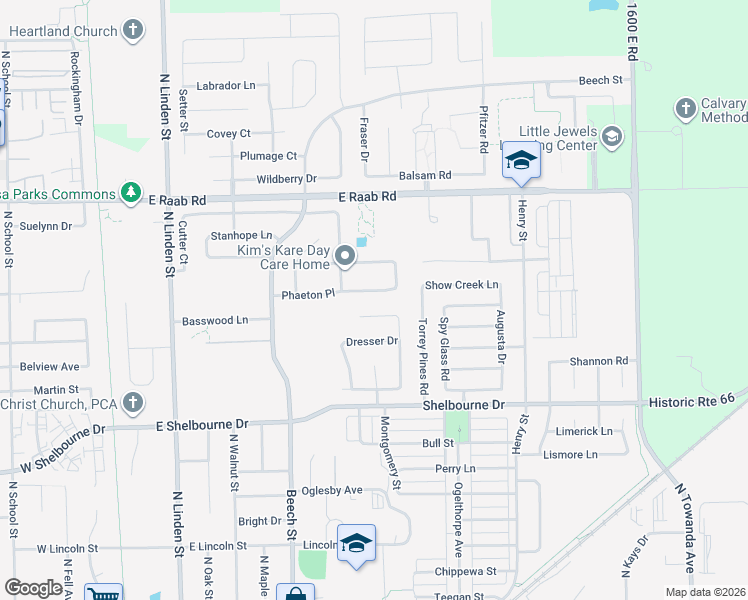 map of restaurants, bars, coffee shops, grocery stores, and more near 815 Phaeton Place in Normal