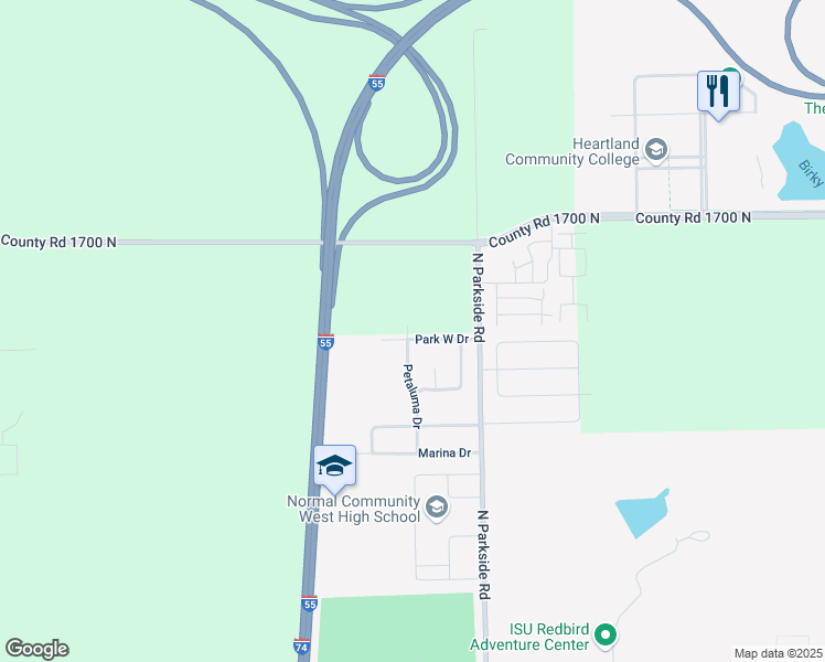map of restaurants, bars, coffee shops, grocery stores, and more near 1826 Park West Drive in Normal