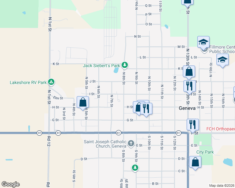 map of restaurants, bars, coffee shops, grocery stores, and more near 748 I Street in Geneva