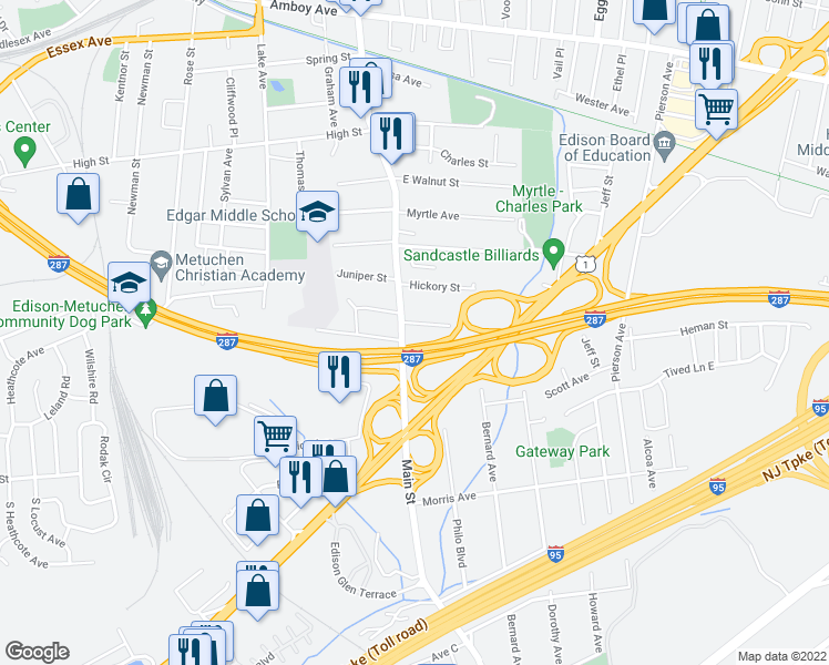 map of restaurants, bars, coffee shops, grocery stores, and more near 20 Main Street in Metuchen