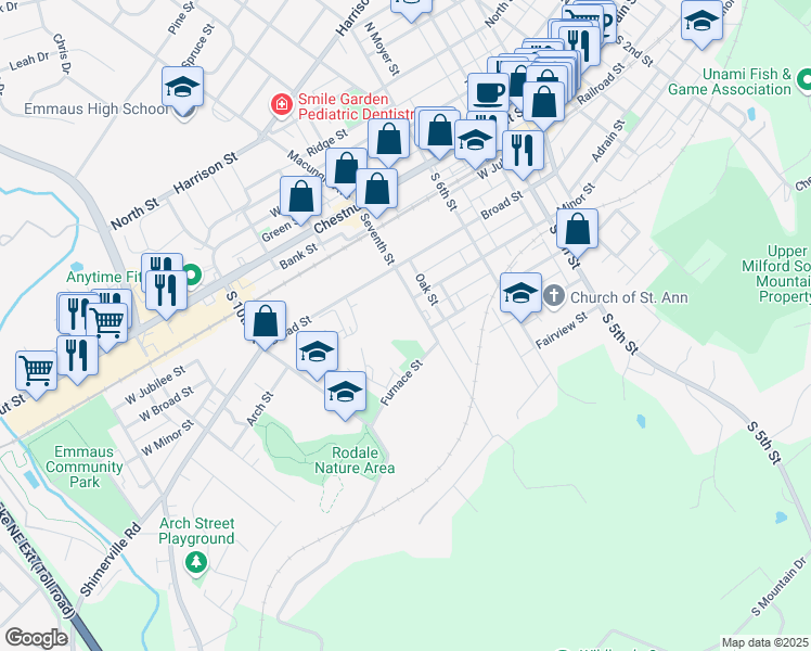 map of restaurants, bars, coffee shops, grocery stores, and more near 202 Seventh Street in Emmaus