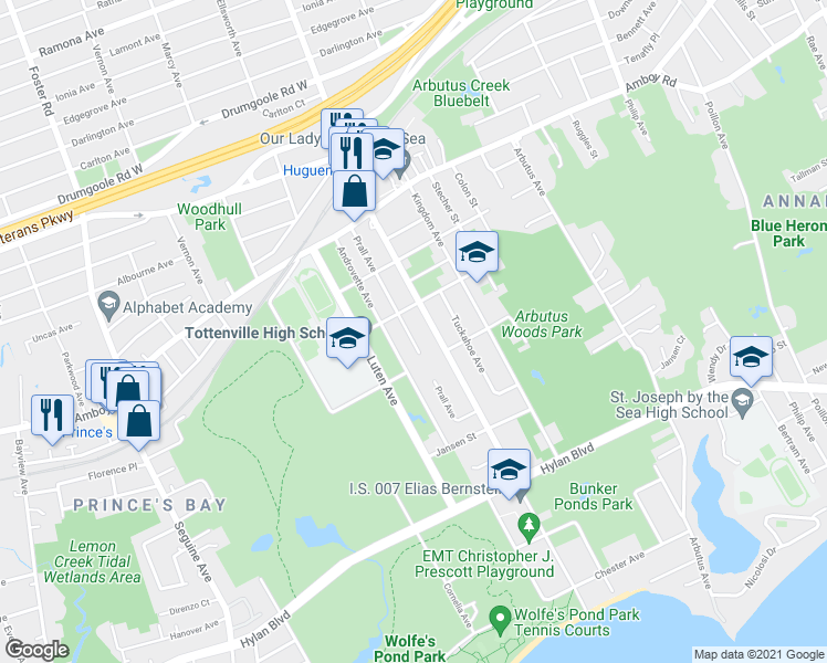 map of restaurants, bars, coffee shops, grocery stores, and more near 131 Prall Avenue in Staten Island