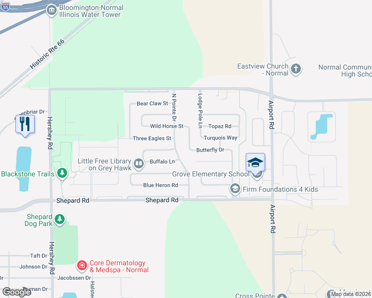 map of restaurants, bars, coffee shops, grocery stores, and more near 1155 Lynx Lane in Normal