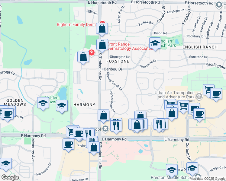 map of restaurants, bars, coffee shops, grocery stores, and more near 4238 Winterstone Drive in Fort Collins