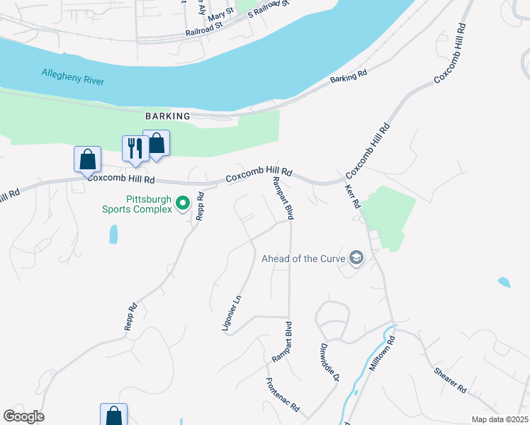 map of restaurants, bars, coffee shops, grocery stores, and more near 111 Lebeouf Drive in New Kensington