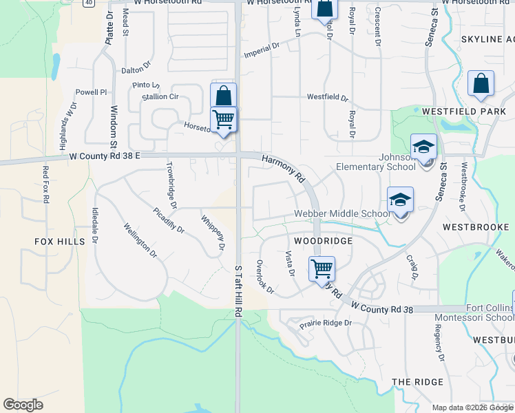 map of restaurants, bars, coffee shops, grocery stores, and more near 4232 Lookout Lane in Fort Collins