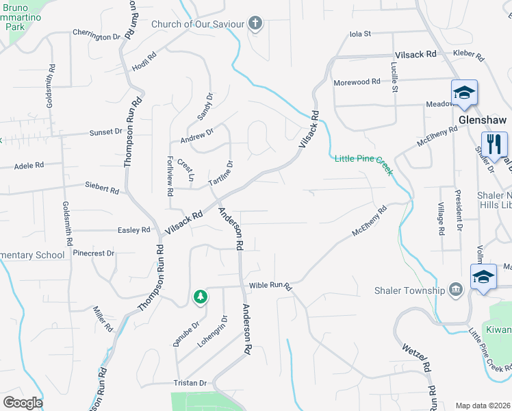 map of restaurants, bars, coffee shops, grocery stores, and more near 121 Sunset Lane in Pittsburgh