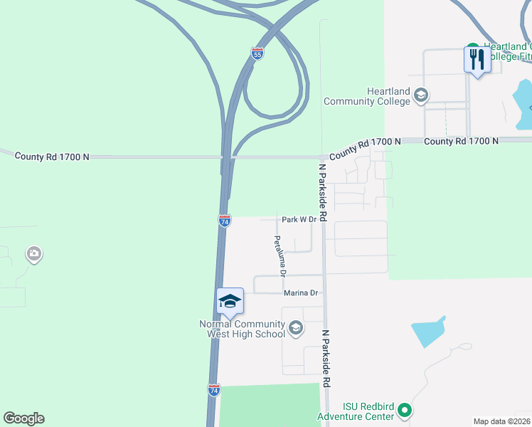 map of restaurants, bars, coffee shops, grocery stores, and more near 1906 Park West Drive in Normal