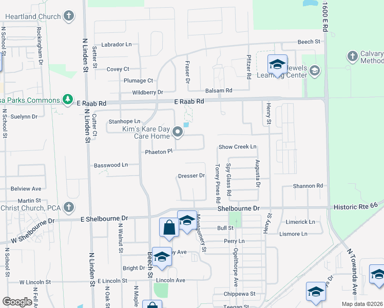 map of restaurants, bars, coffee shops, grocery stores, and more near 815 Phaeton Place in Normal