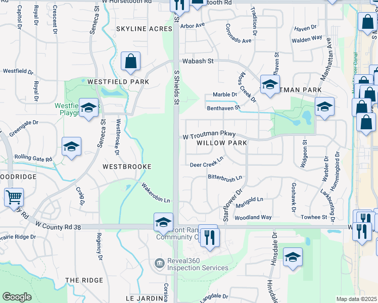 map of restaurants, bars, coffee shops, grocery stores, and more near 4224 Saddle Notch Drive in Fort Collins
