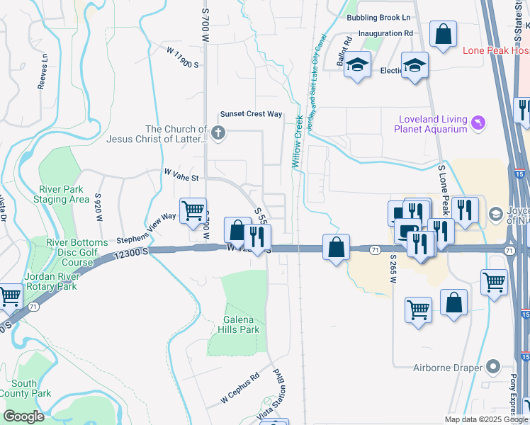 map of restaurants, bars, coffee shops, grocery stores, and more near 12214 Sunpark Lane in Draper