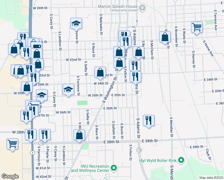 map of restaurants, bars, coffee shops, grocery stores, and more near 3411 South Washington Street in Marion