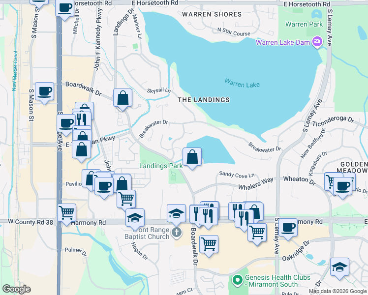 map of restaurants, bars, coffee shops, grocery stores, and more near 4252 Southshore Court in Fort Collins