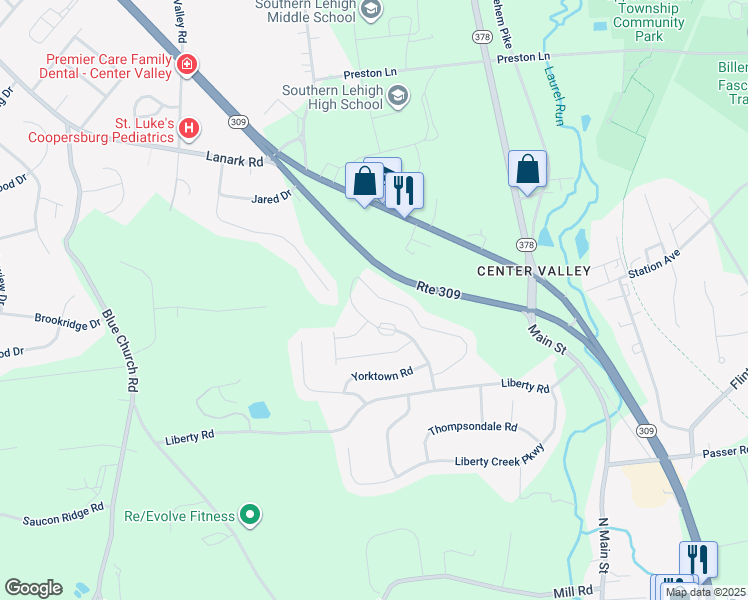 map of restaurants, bars, coffee shops, grocery stores, and more near 5960 Valley Forge Drive in Coopersburg