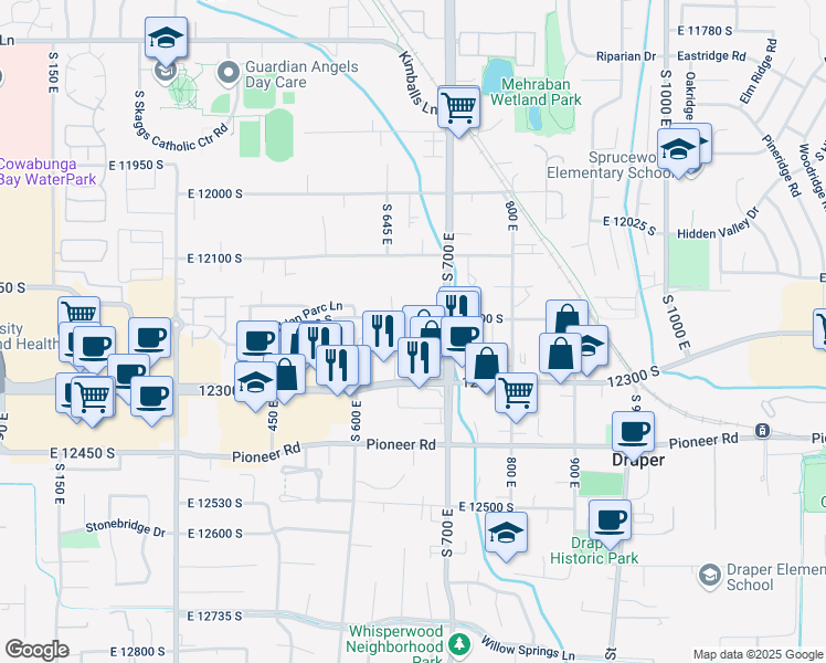 map of restaurants, bars, coffee shops, grocery stores, and more near 12215 South 670 East in Draper