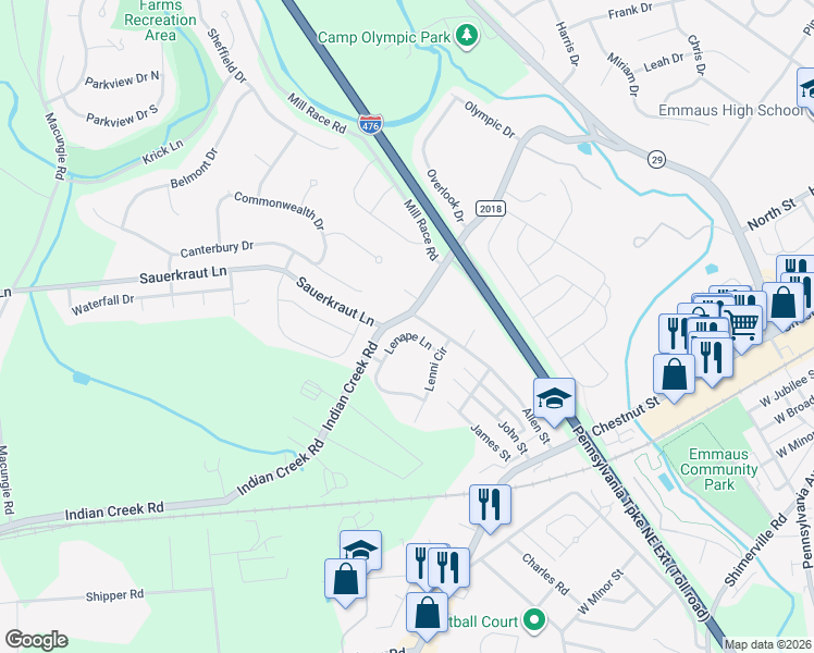 map of restaurants, bars, coffee shops, grocery stores, and more near 3549 Lenape Lane in Emmaus