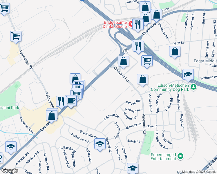map of restaurants, bars, coffee shops, grocery stores, and more near 2170 Lincoln Highway in Edison